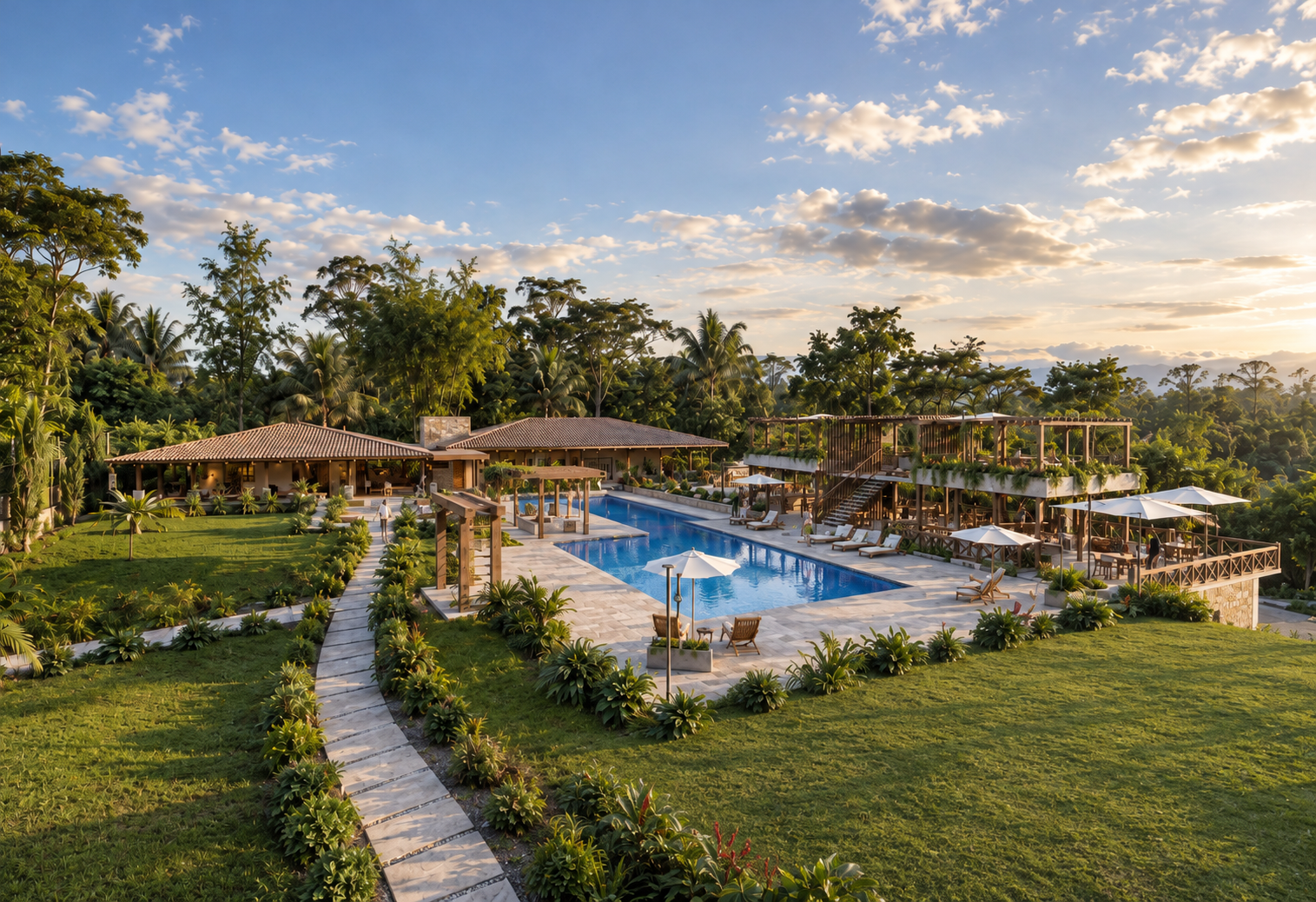 Resort tropical al atardecer