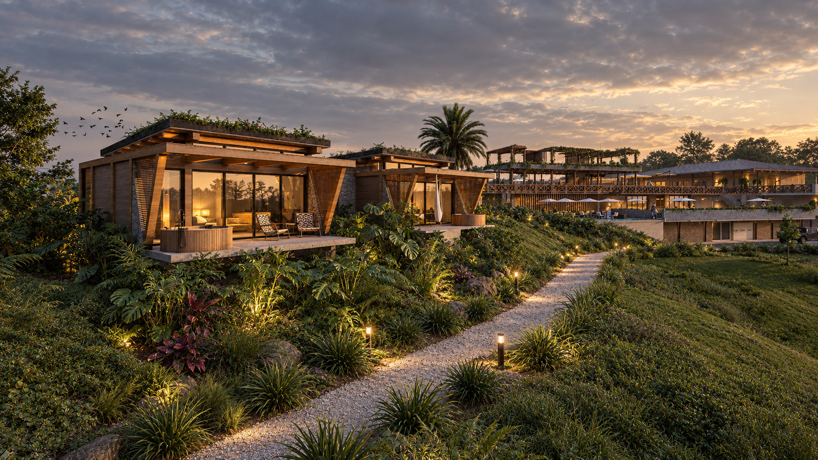 Villa tropical al atardecer luminoso